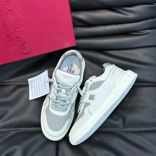 Valentino White Gray Layered Leather-and-Mesh Upper Geometric Metallic Side Plaque Lifestyle Sneakers