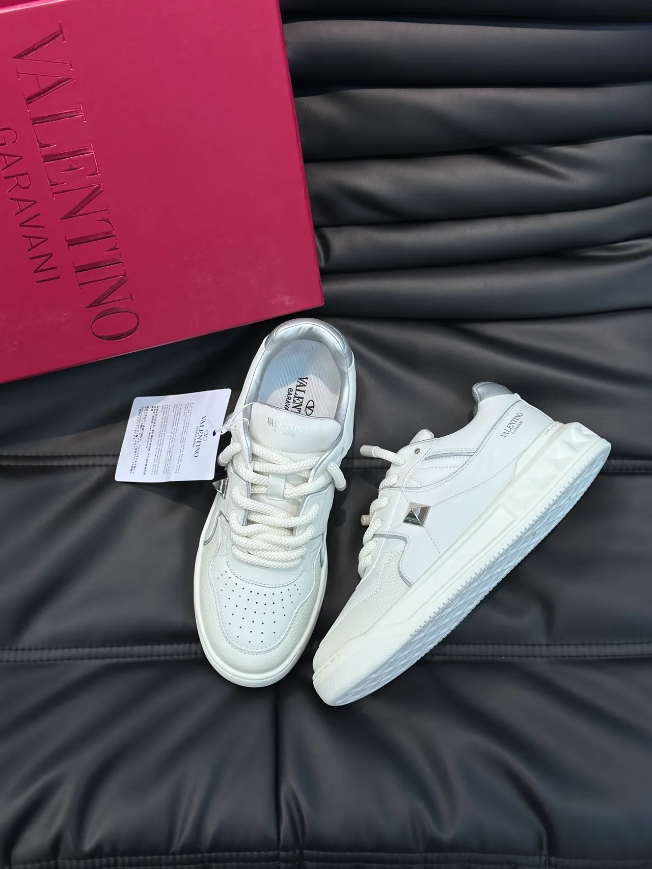 Valentino White Silver Leather Rockstud Hardware Lifestyle Sneakers 5