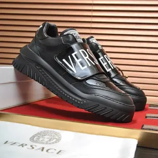 Versace Black Brown Laceless Slip-On Glossy Branded Strap Chunky Sneakers
