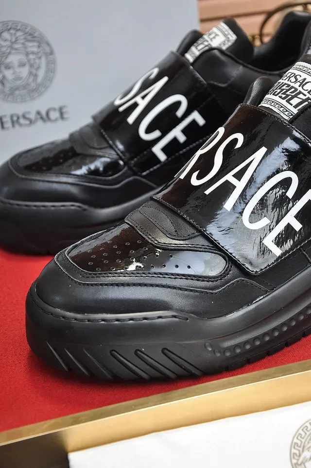Versace Black Brown Laceless Slip-On Glossy Branded Strap Chunky Sneakers 3
