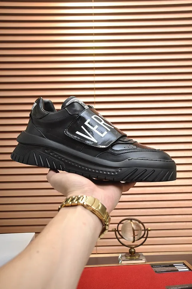 Versace Black Brown Laceless Slip-On Glossy Branded Strap Chunky Sneakers 7