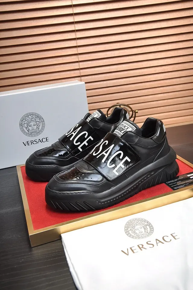 Versace Black Brown Laceless Slip-On Glossy Branded Strap Chunky Sneakers 8