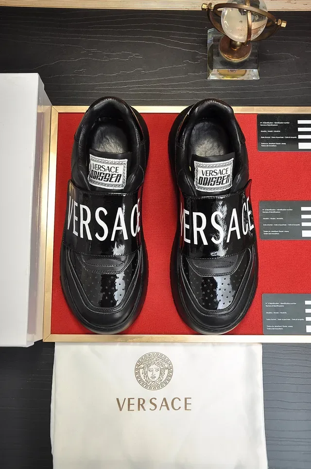 Versace Black Brown Laceless Slip-On Glossy Branded Strap Chunky Sneakers 9