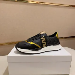 Versace Black Gold Leather Upper Greca Key Pattern Lifestyle Sneakers