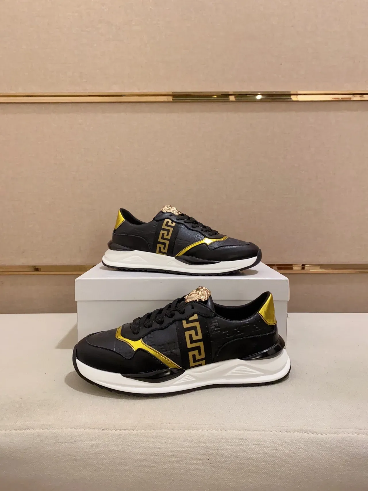 Versace Black Gold Leather Upper Greca Key Pattern Lifestyle Sneakers 3