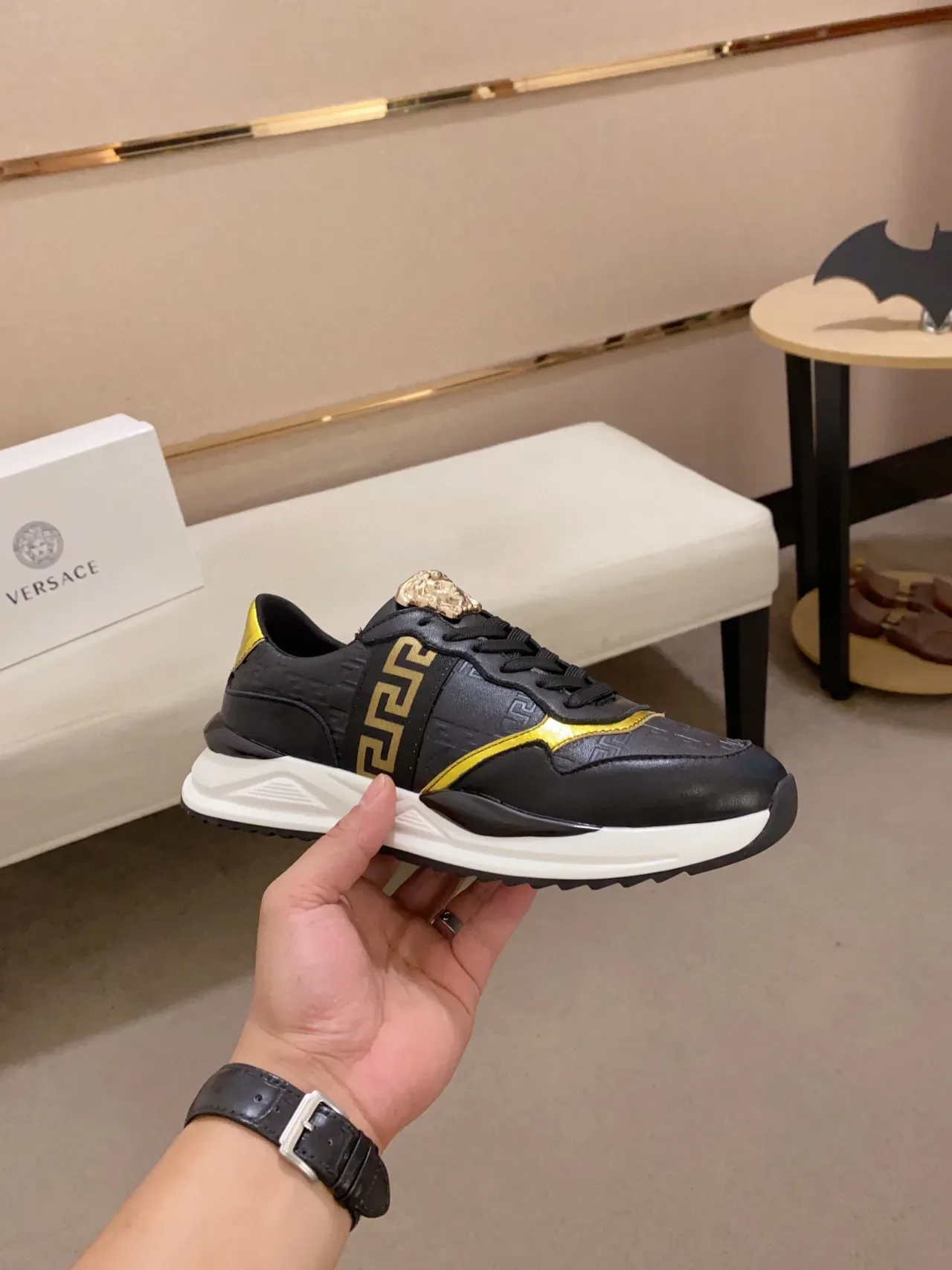 Versace Black Gold Leather Upper Greca Key Pattern Lifestyle Sneakers 6