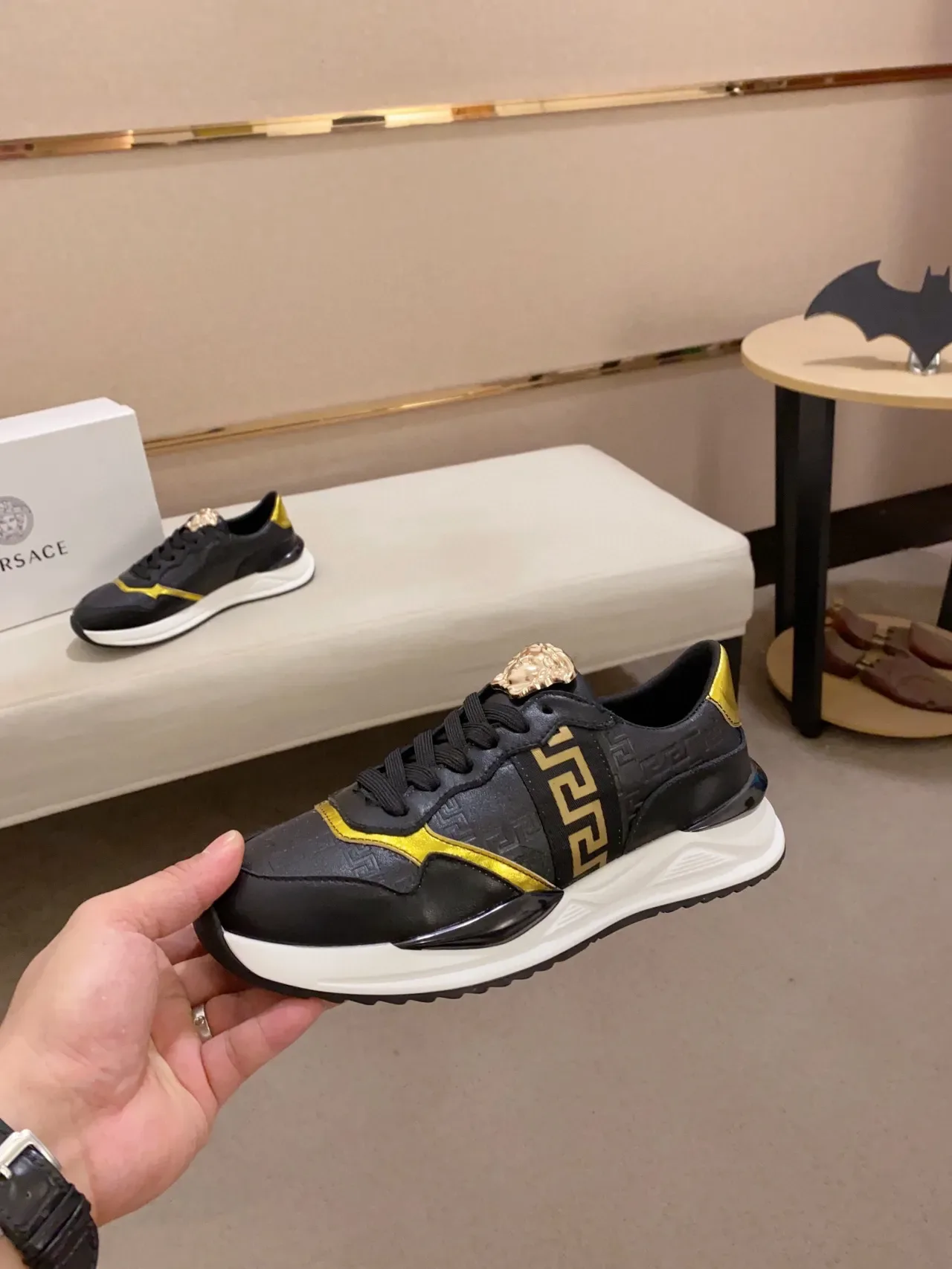 Versace Black Gold Leather Upper Greca Key Pattern Lifestyle Sneakers 7