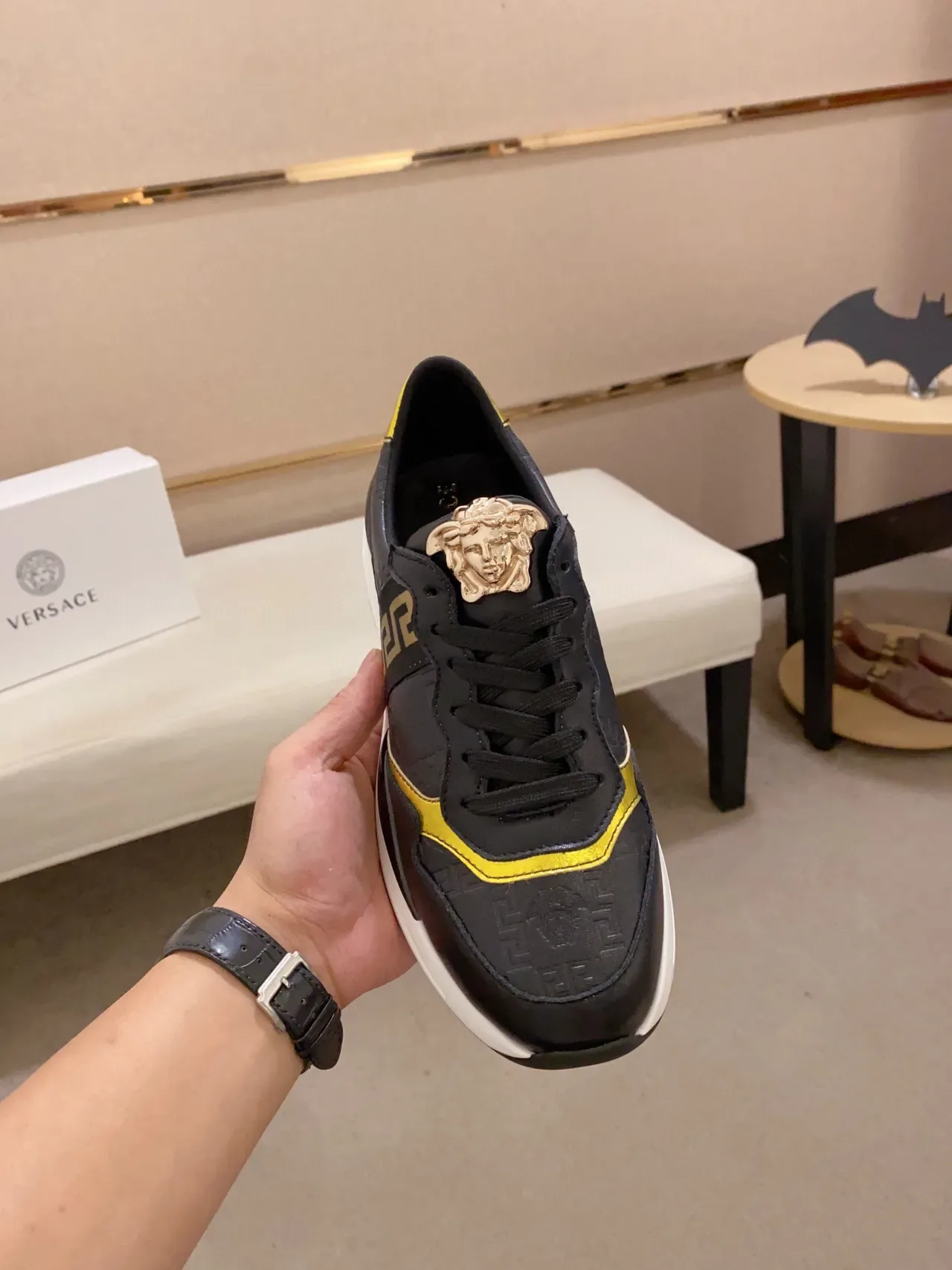 Versace Black Gold Leather Upper Greca Key Pattern Lifestyle Sneakers 8