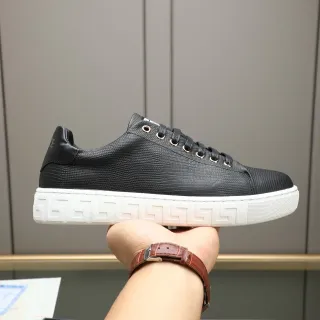 Versace Black White Reptile-Embossed Leather Greek Key Sole Lifestyle Sneakers
