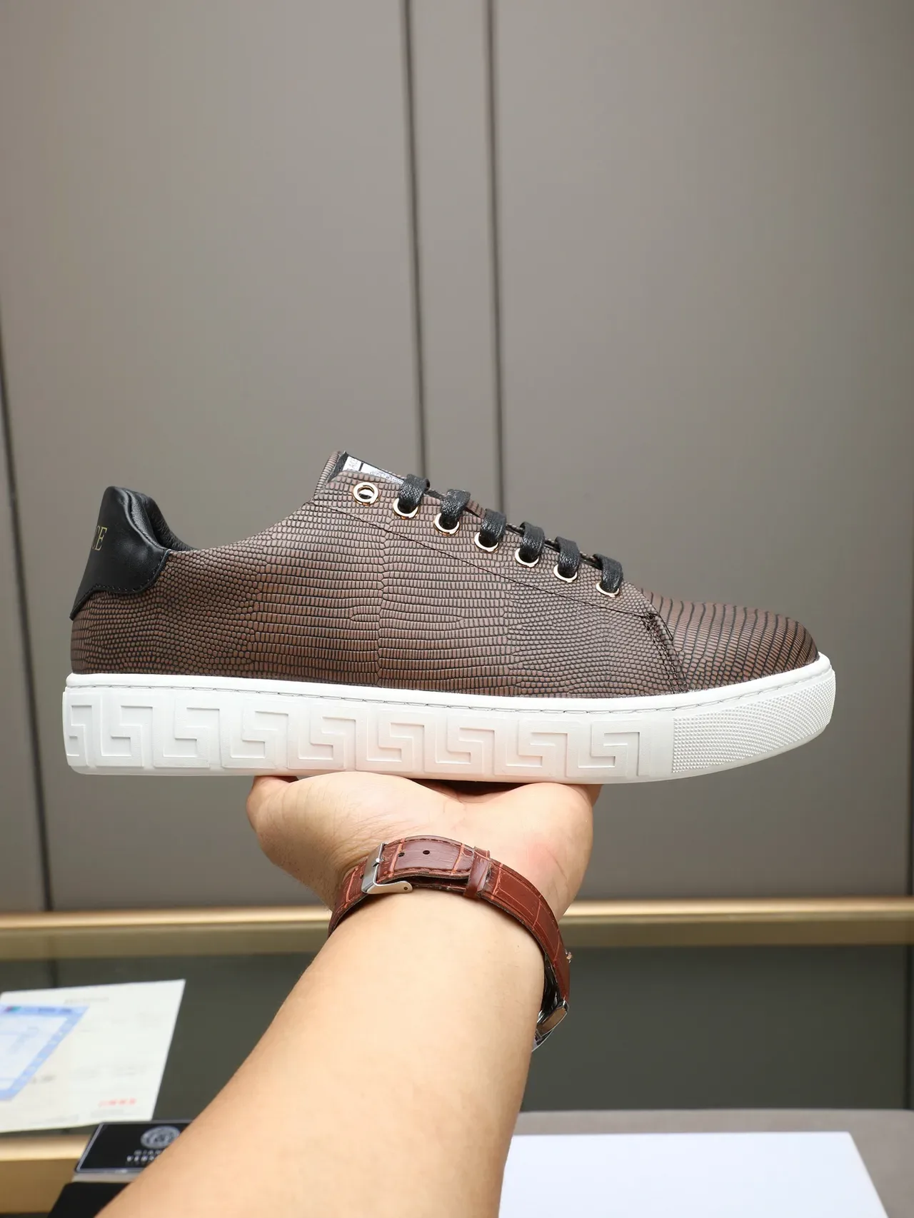 Versace Black White Reptile-Embossed Leather Greek Key Sole Lifestyle Sneakers 5