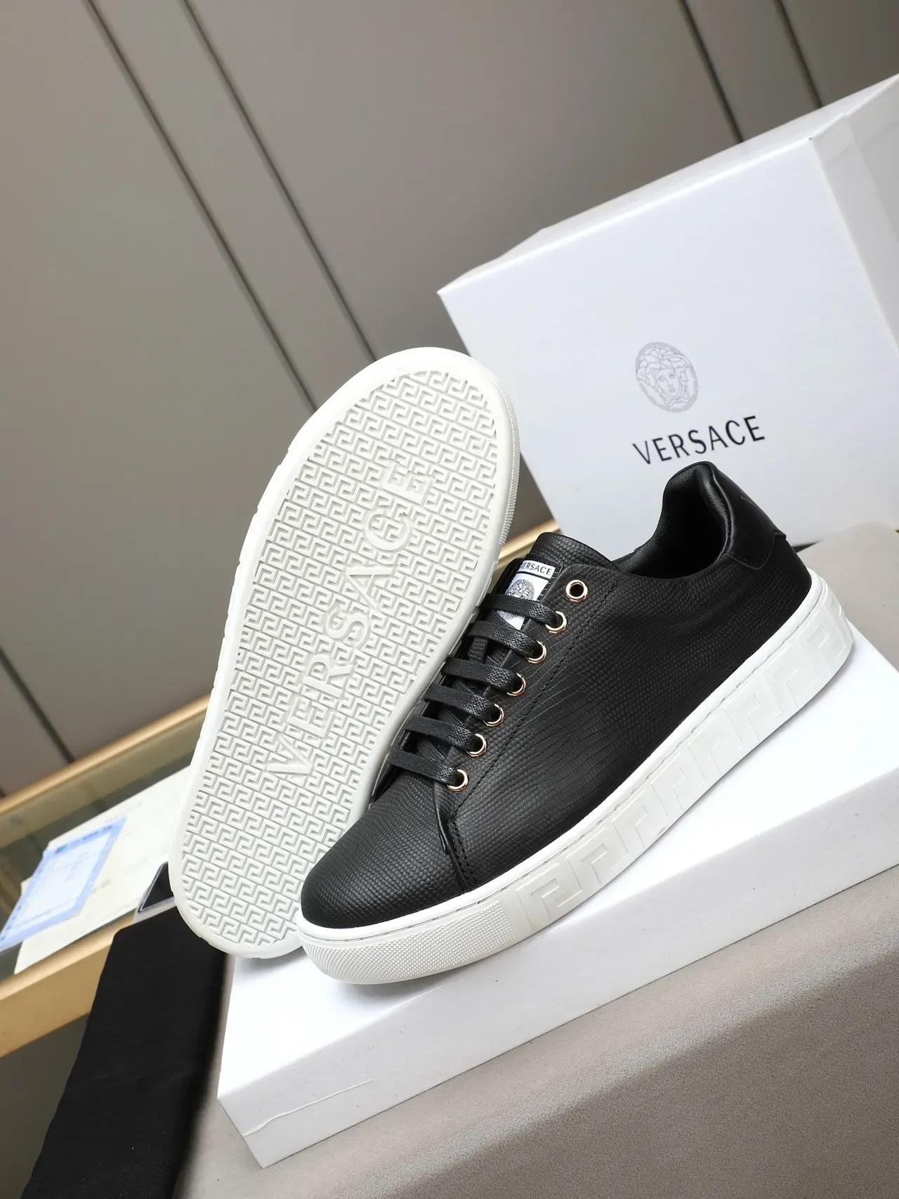 Versace Black White Reptile-Embossed Leather Greek Key Sole Lifestyle Sneakers 8