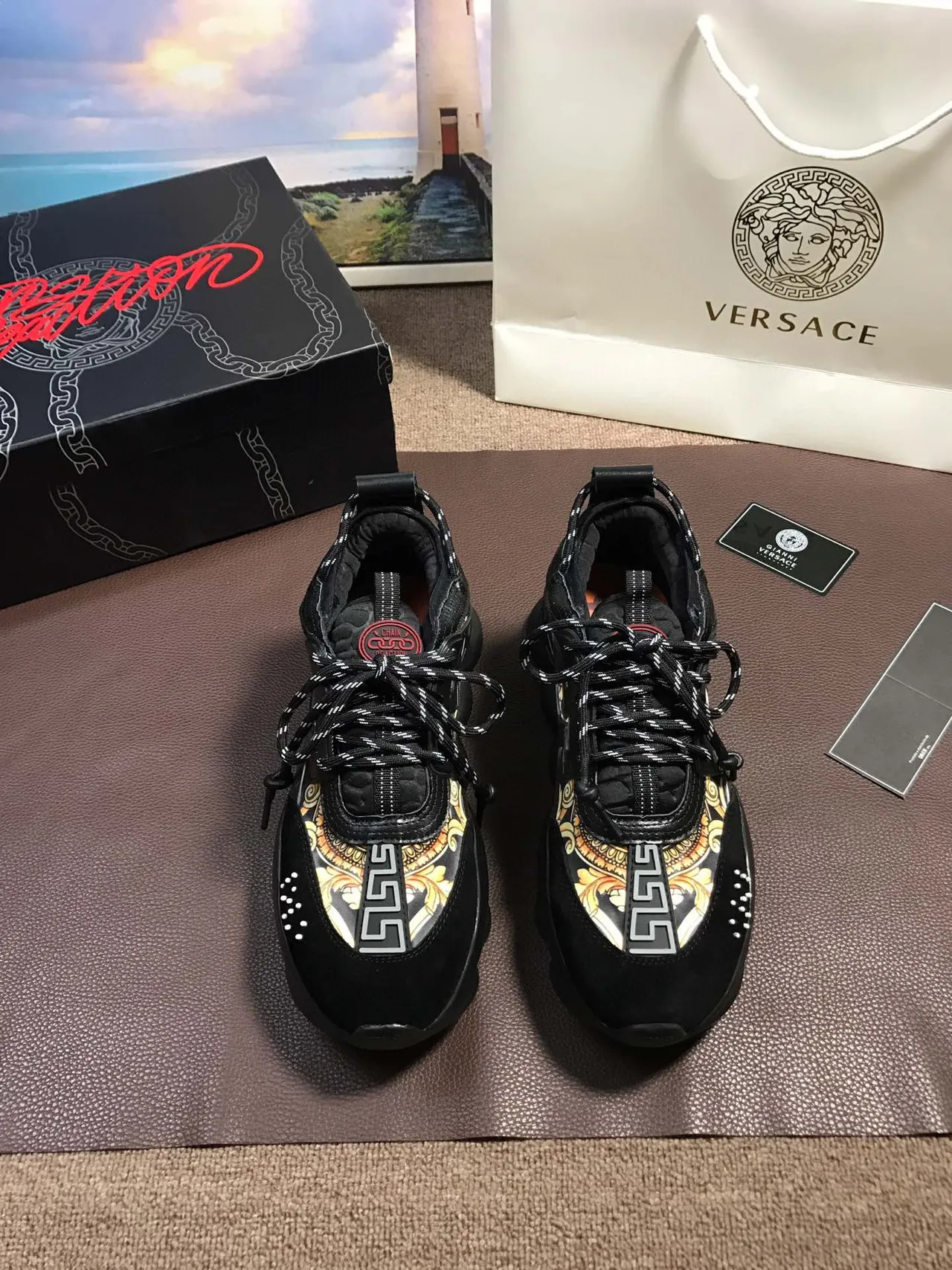 Versace Chain Reaction Black Baroque Print Chunky Sneakers 9