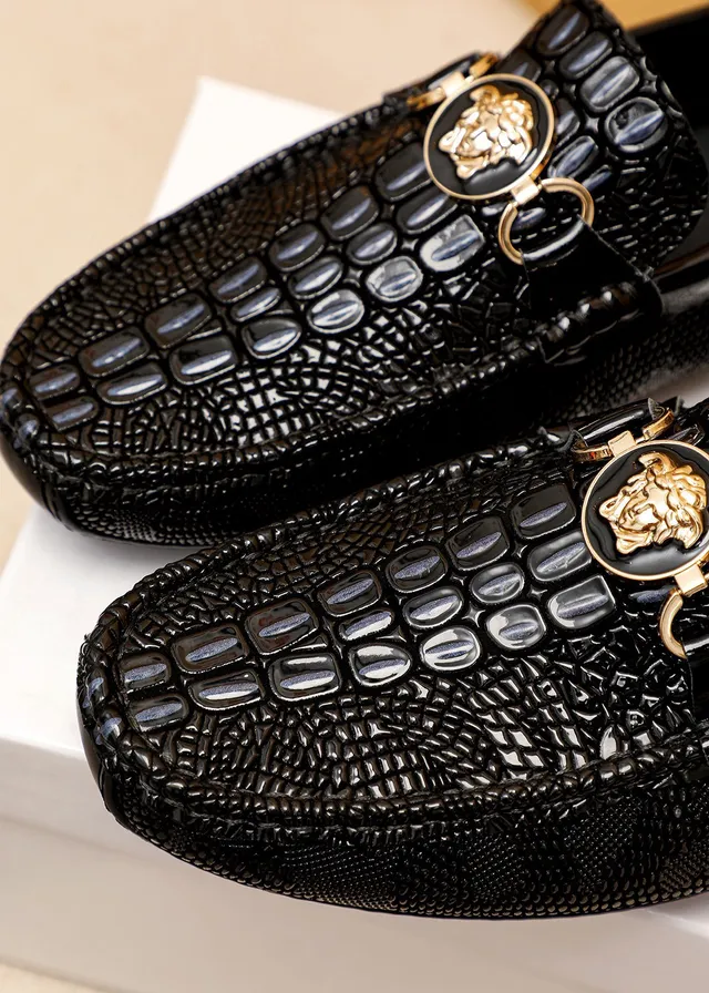 Versace Chain Reaction Noir Or Cuir Crocodile Embossé Tête Medusa Bride Cheval Boucle Loafer 4