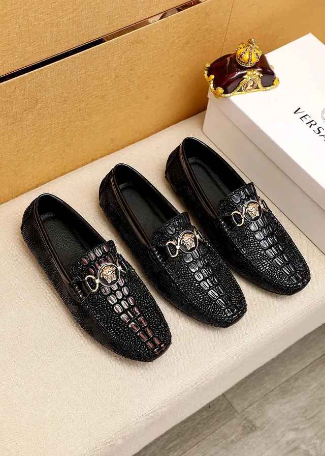 Versace Chain Reaction Noir Or Cuir Crocodile Embossé Tête Medusa Bride Cheval Boucle Loafer 6