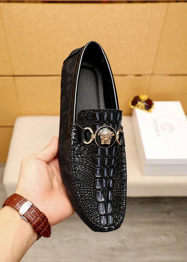 Versace Chain Reaction Noir Or Cuir Crocodile Embossé Tête Medusa Bride Cheval Boucle Loafer 7
