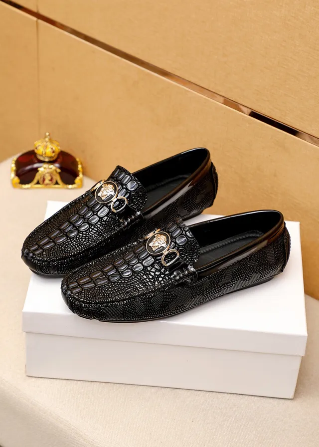 Versace Chain Reaction Noir Or Cuir Crocodile Embossé Tête Medusa Bride Cheval Boucle Loafer 8