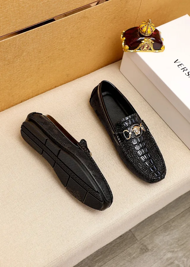 Versace Chain Reaction Noir Or Cuir Crocodile Embossé Tête Medusa Bride Cheval Boucle Loafer 9