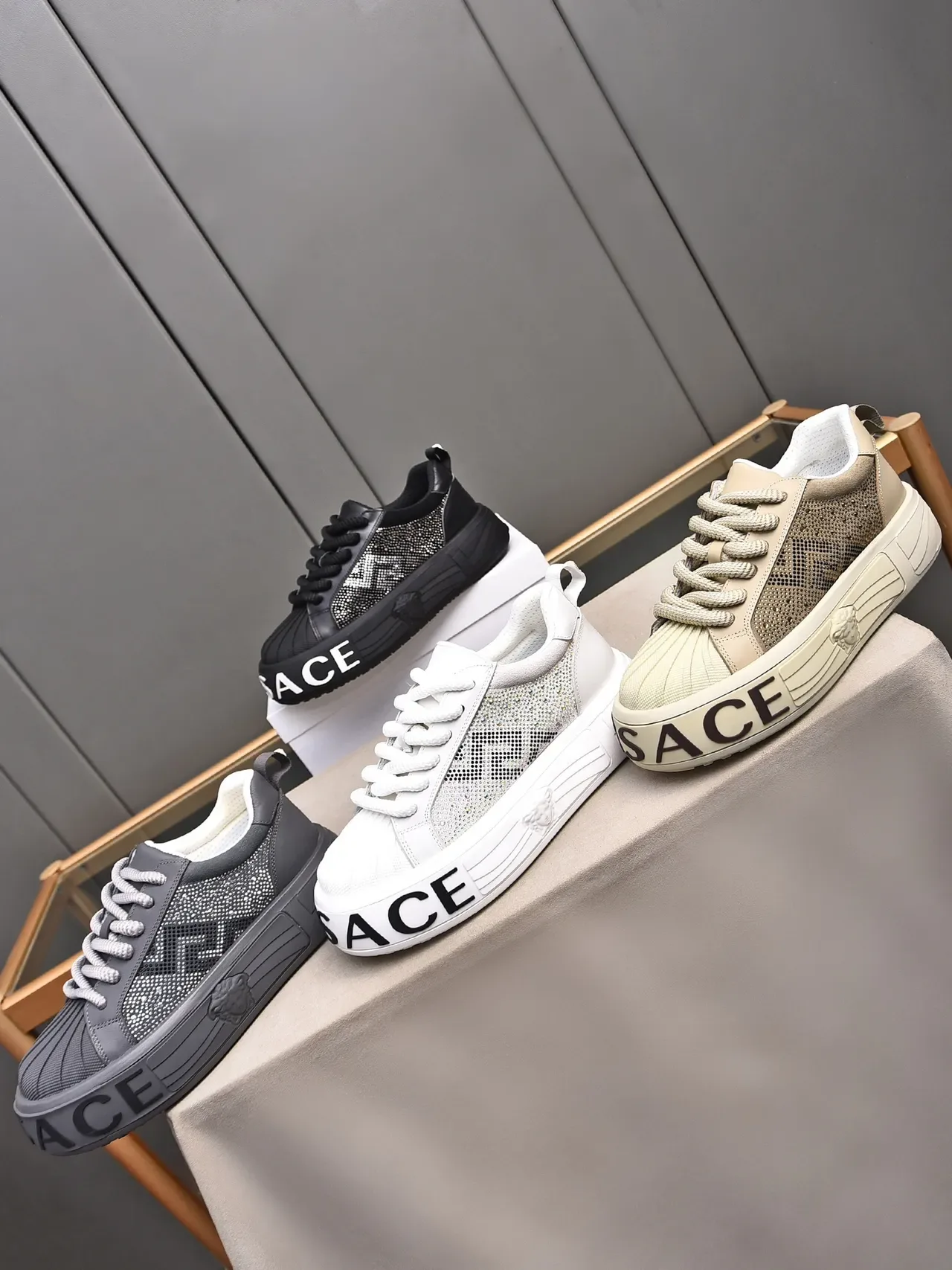 Versace Chain Reaction Gray Crystal-Embellished Platform Lifestyle Sneakers 2