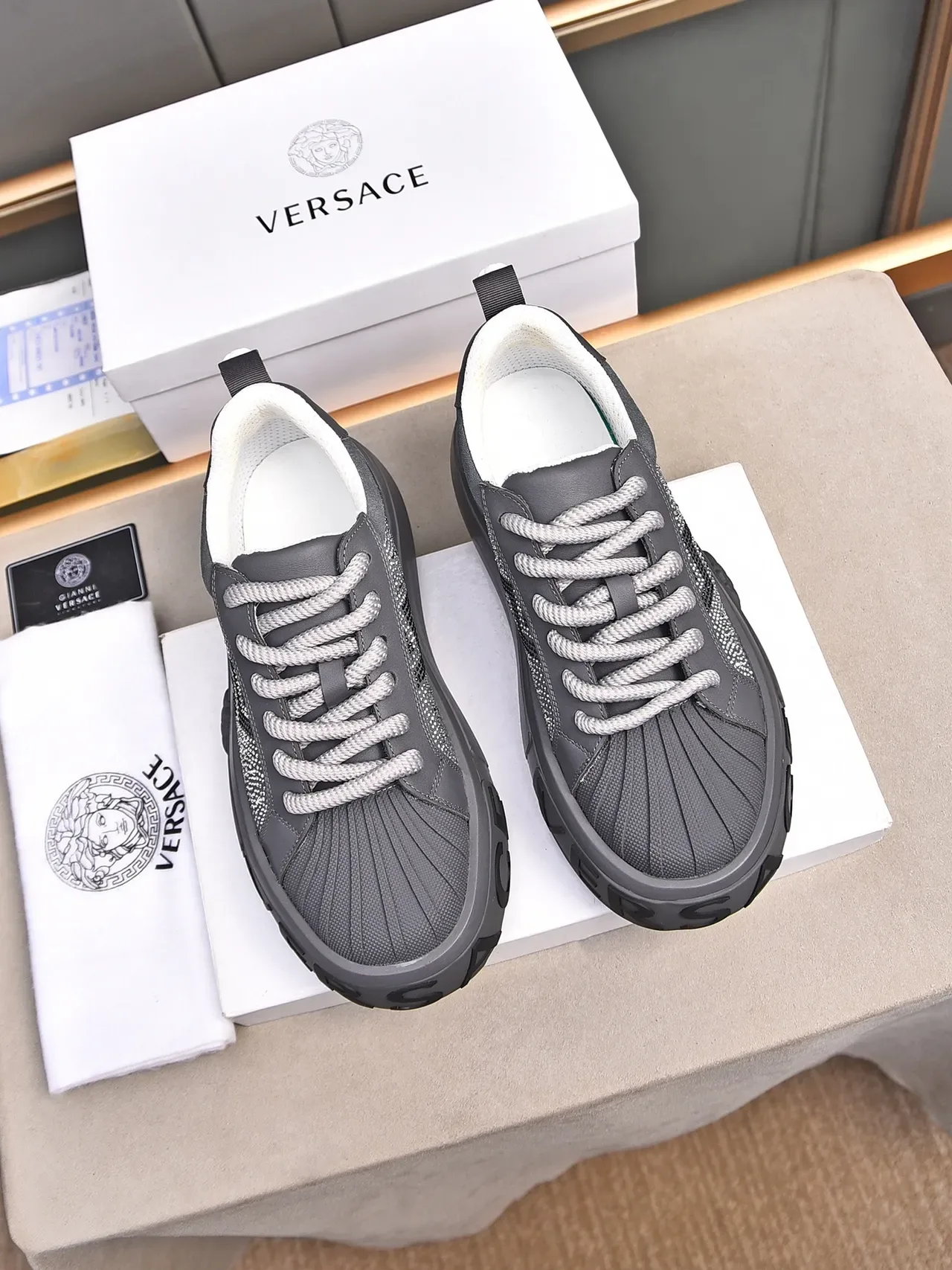 Versace Chain Reaction Gray Crystal-Embellished Platform Lifestyle Sneakers 3