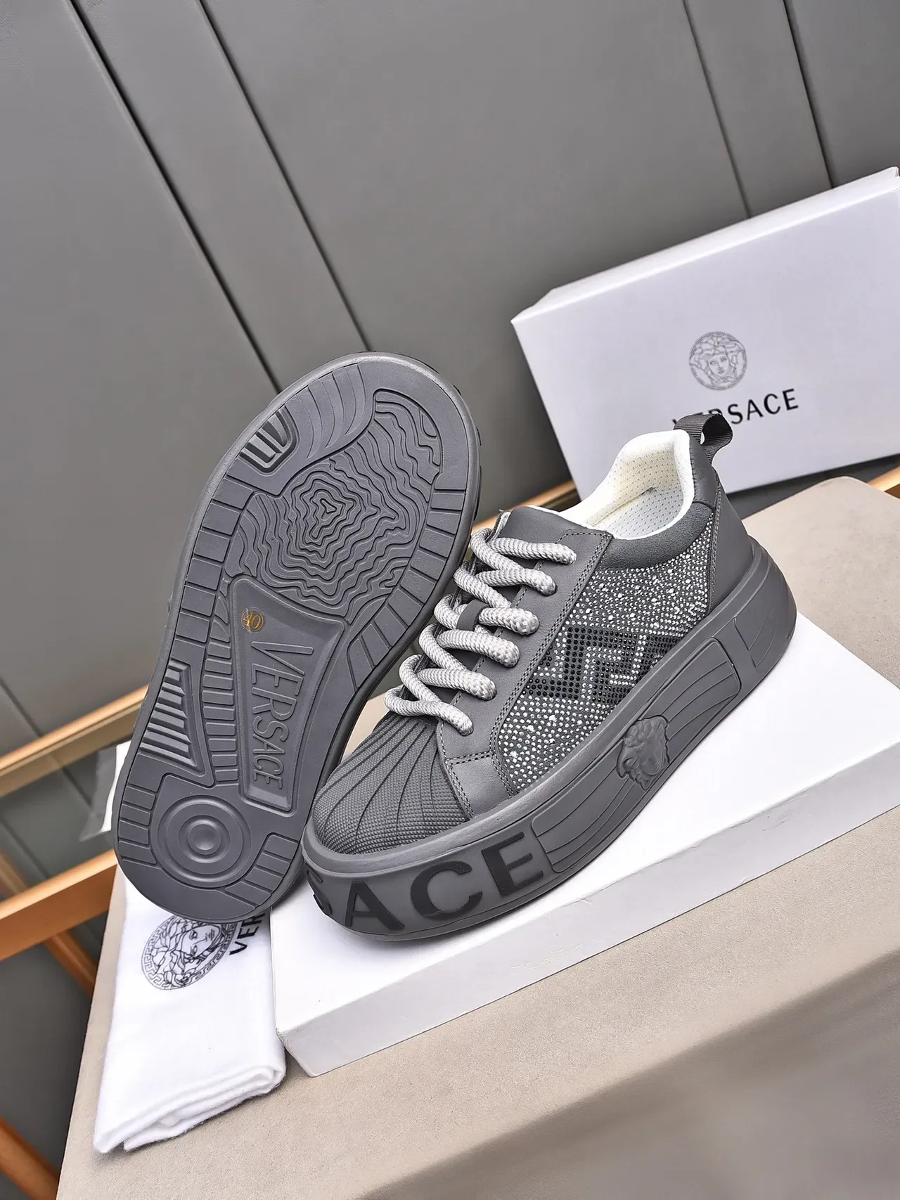 Versace Chain Reaction Gray Crystal-Embellished Platform Lifestyle Sneakers 4
