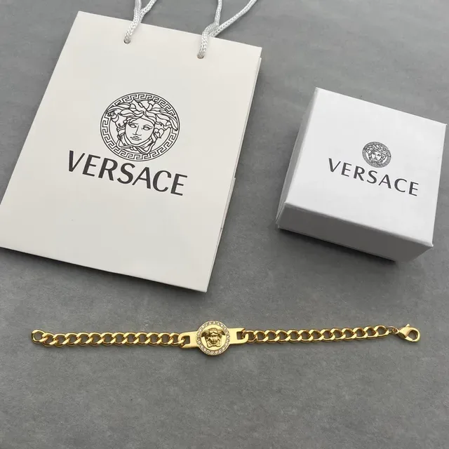 Versace Chain Reaction Medusa Head Bisel de Cristal Dourado Corrente Curb Pulseiras 2