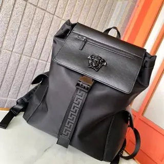Versace Iconic Medusa Black Nylon-Leather Roll-Top Casual Backpack