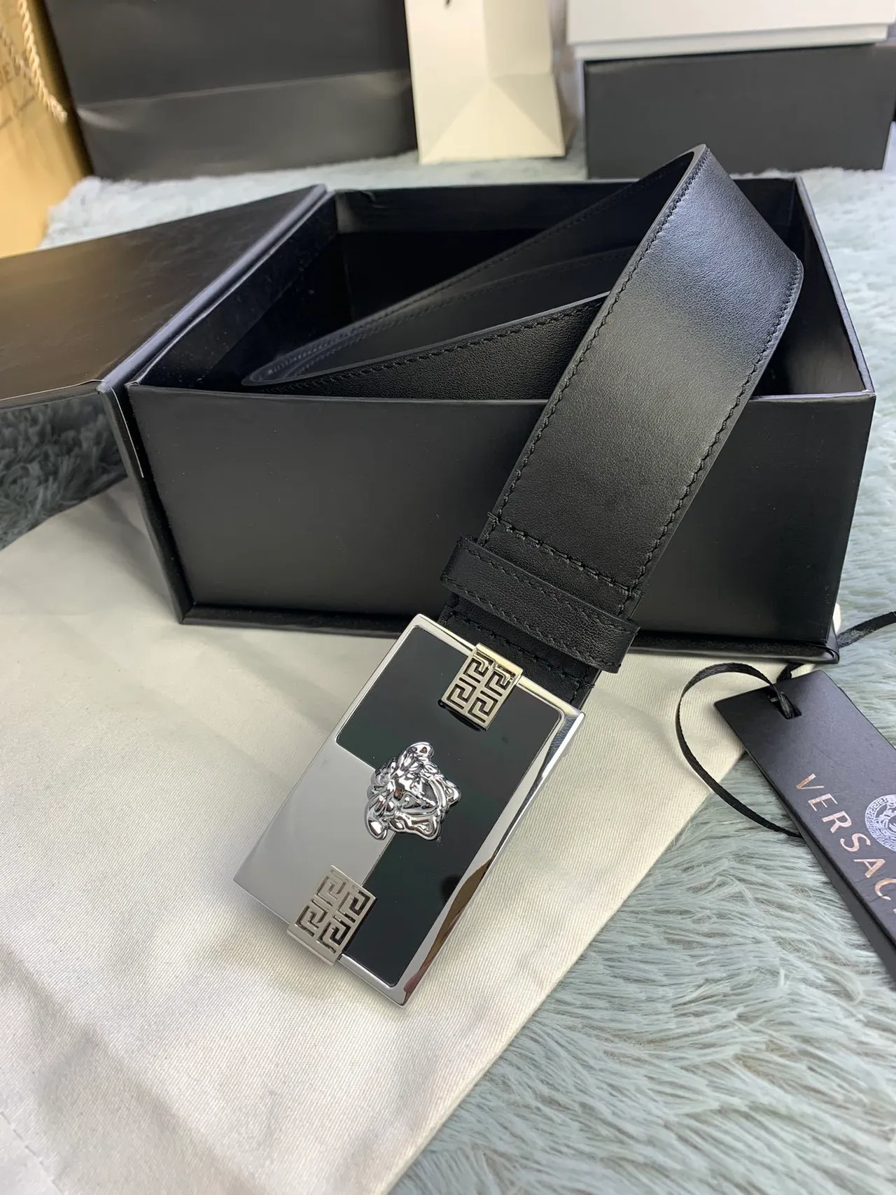Versace Medusa Belt Black Silver Polished Rectangular Buckle Head Centerpiece Leather Belt 4