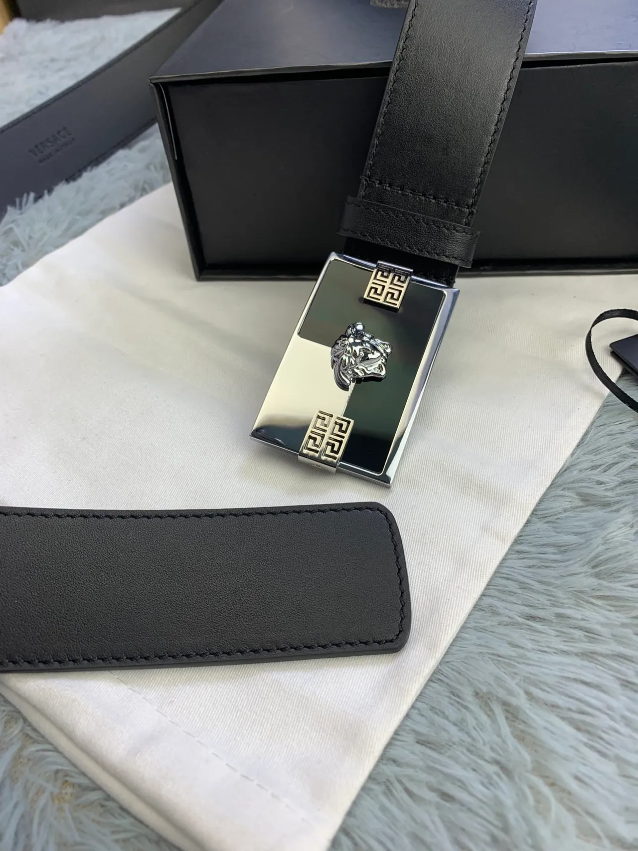 Versace Medusa Belt Black Silver Polished Rectangular Buckle Head Centerpiece Leather Belt 7