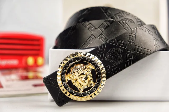 Versace Medusa Embossed Greca Black Leather Belt 2