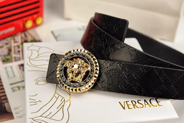 Versace Medusa Embossed Greca Black Leather Belt 4