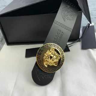 Versace Medusa Greek Key Black Leather Belt