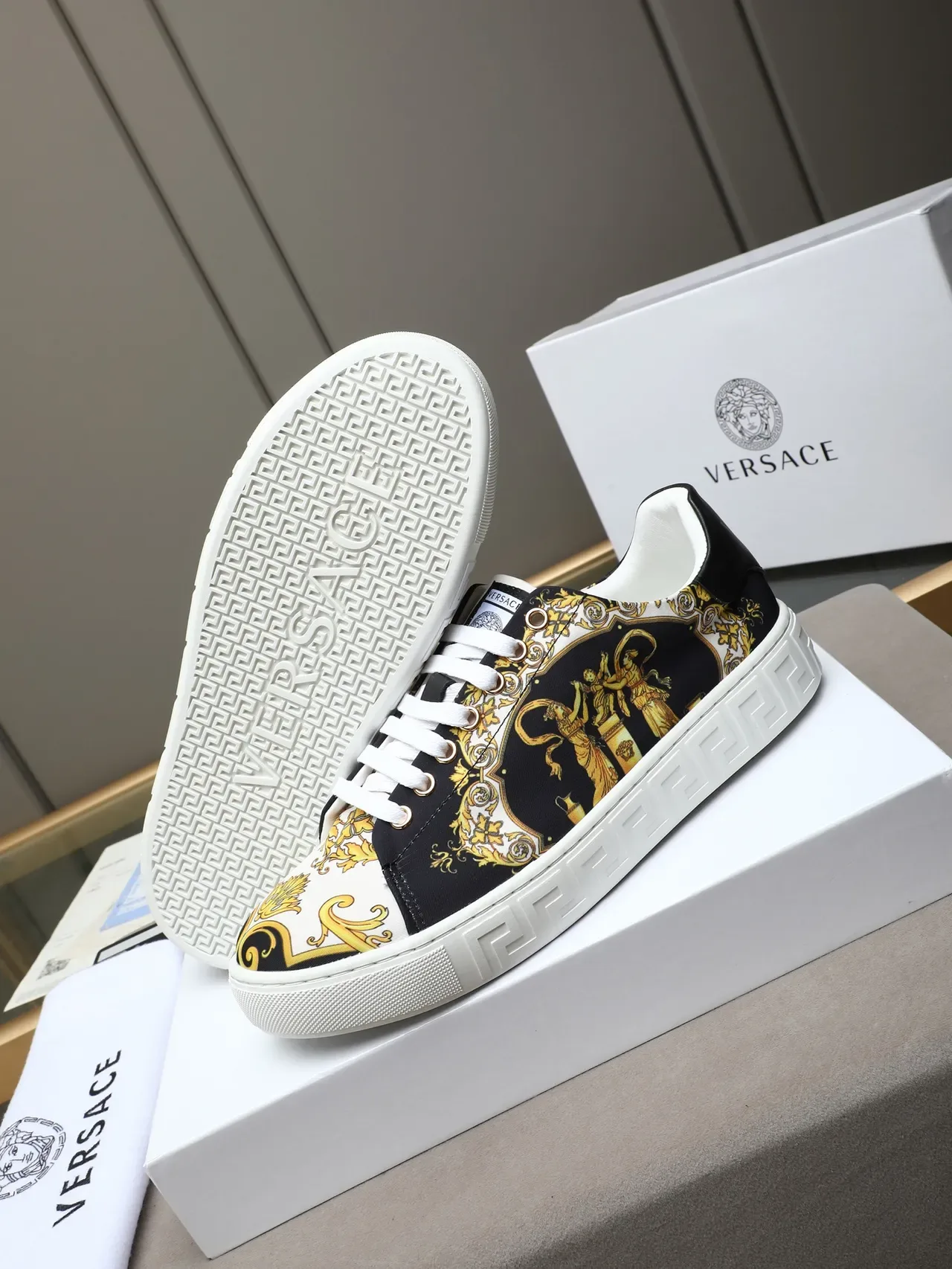 Versace Odissea Baroque Print Black White Gold Lifestyle Sneakers 4