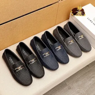 Versace Odissea Black Gold Embossed Greca Pattern Medusa Head Metal Buckle Loafer