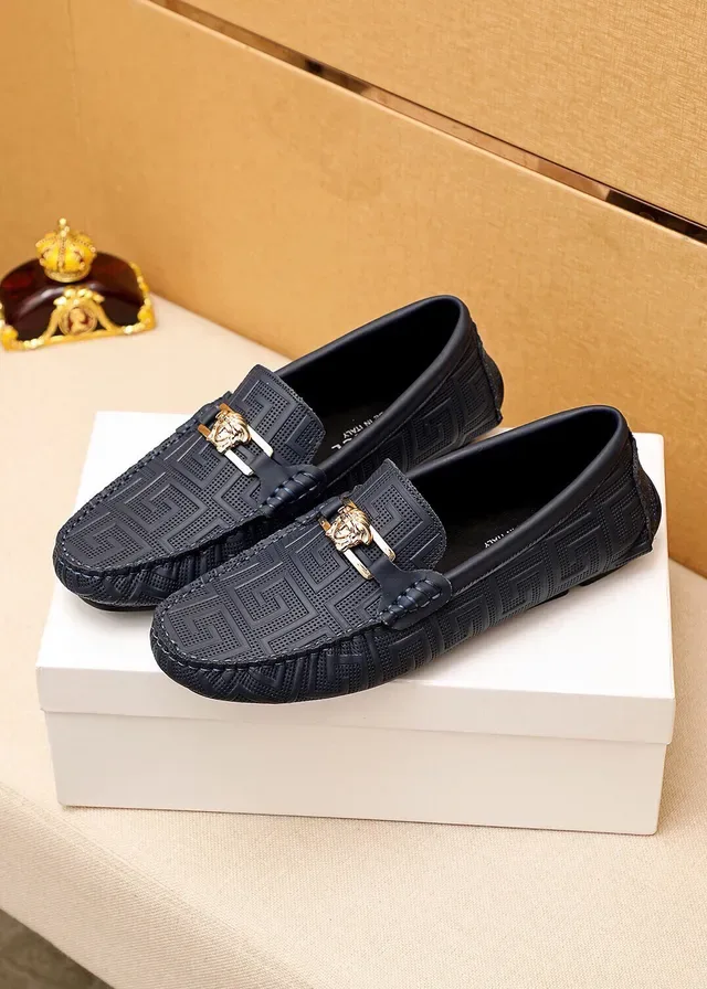 Versace Odissea Noir Doré Embossé Motif Greca Tête de Médusa Boucle Métal Loafer 16