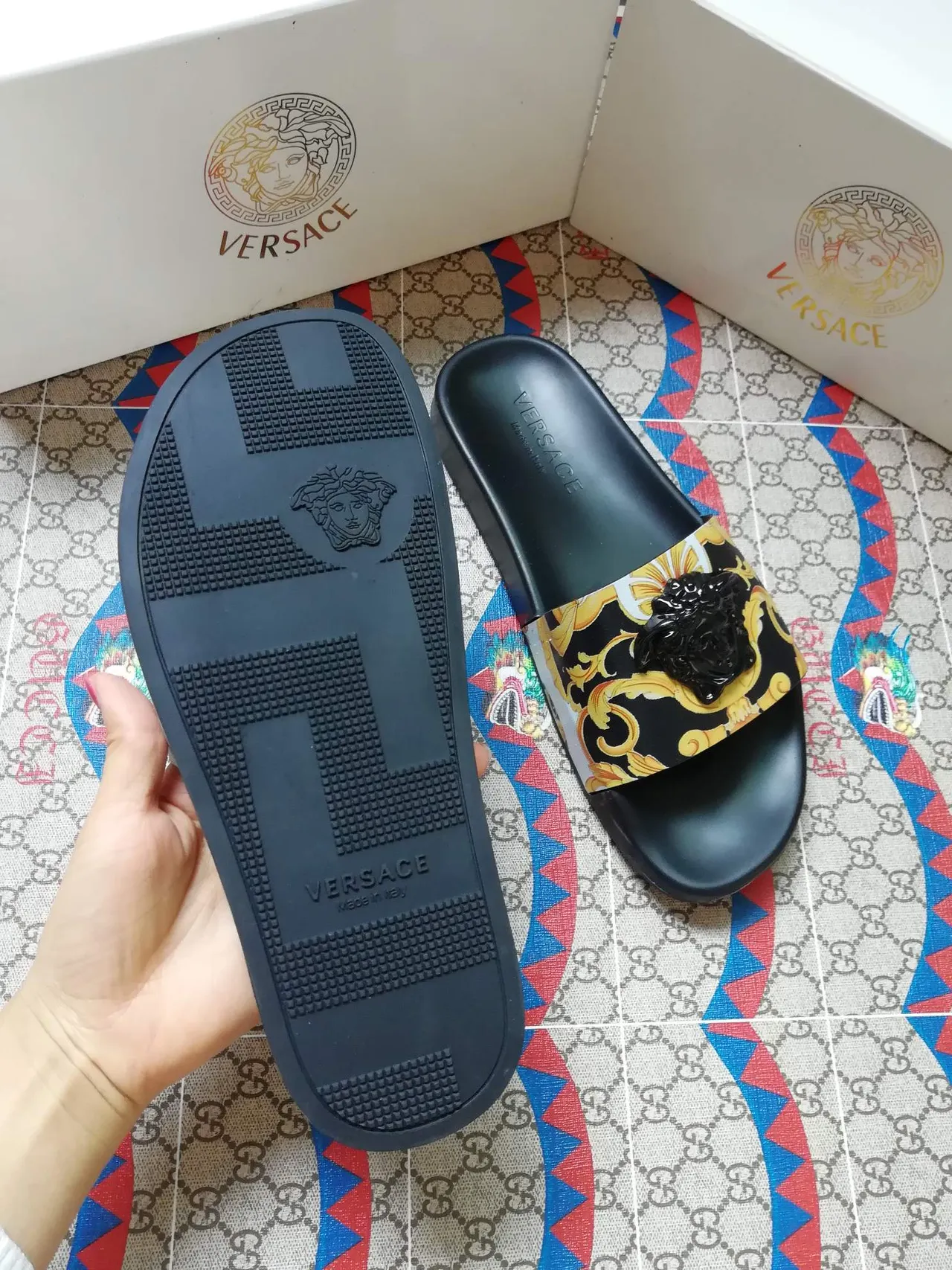 Versace Slide Black Gold Baroque Medusa Slipper 3