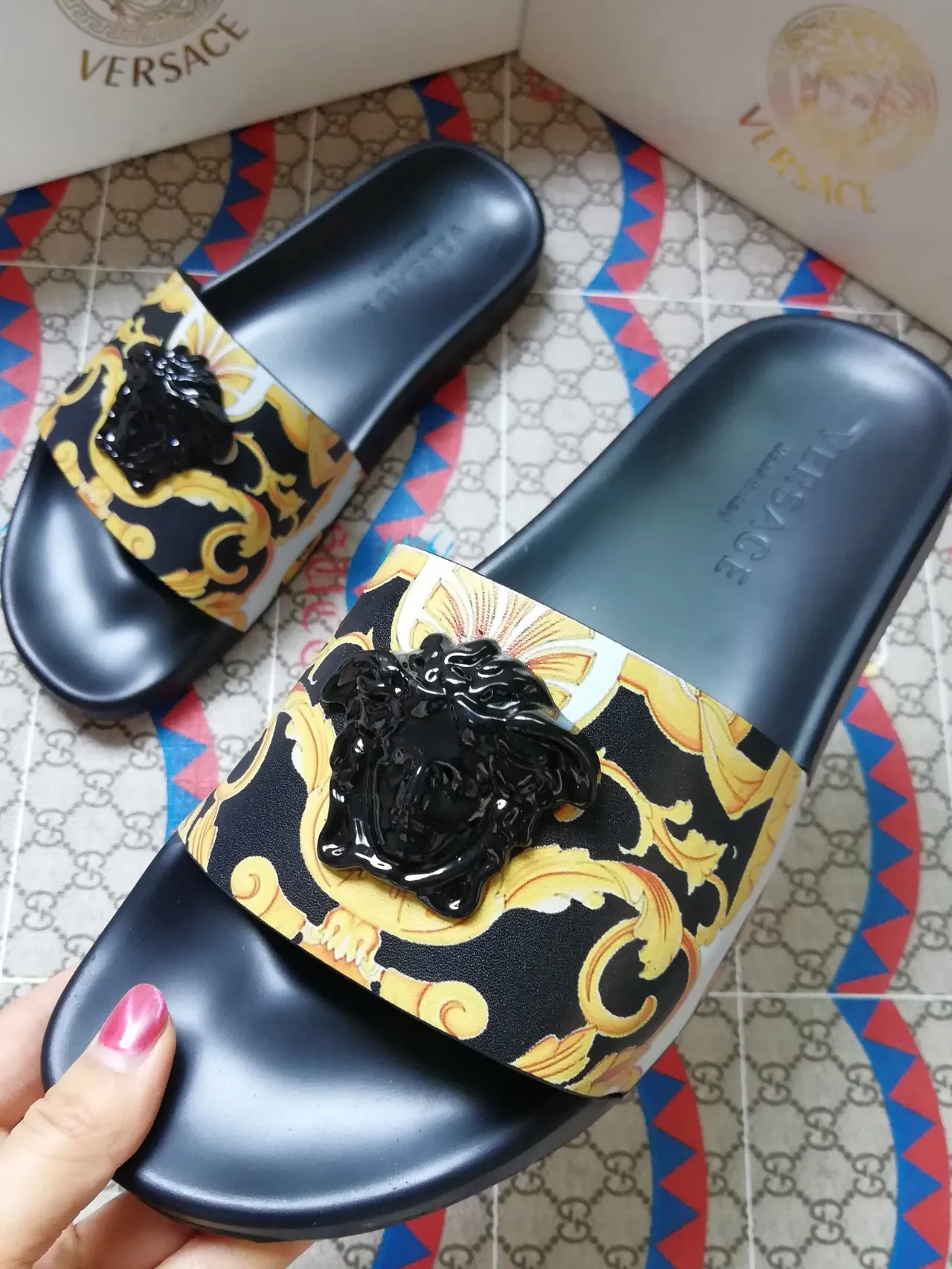 Versace Slide Black Gold Baroque Medusa Slipper 4