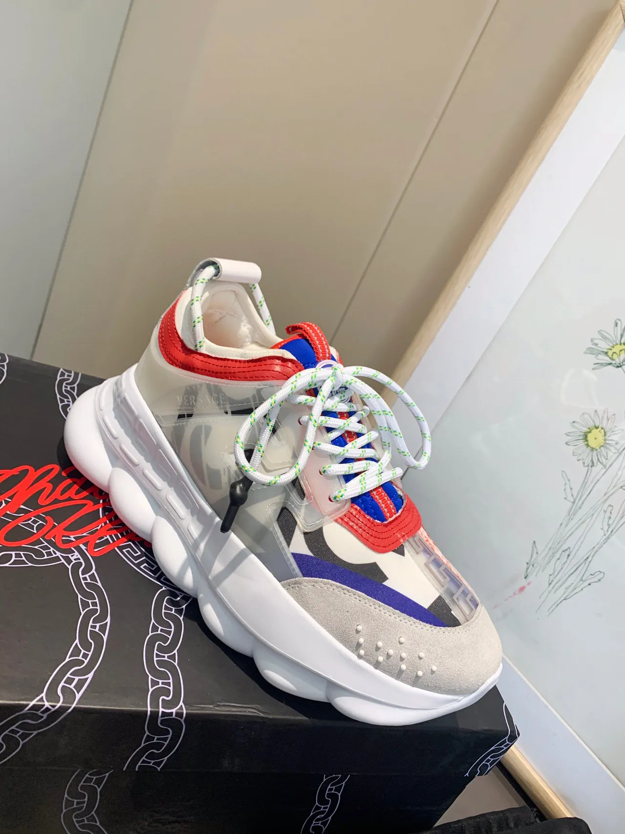 Versace White Multicolor Silhouette Multi-Panel Color-Blocked Upper Chunky Sneakers 9