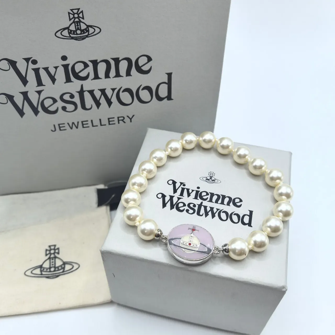 Vivienne Westwood Orb Pearl Beaded Pink Enamel Bracelet 4