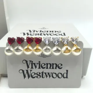 Vivienne Westwood Orb Pearl Heart Red Silver Crystal Tops Drop Pendants Earrings
