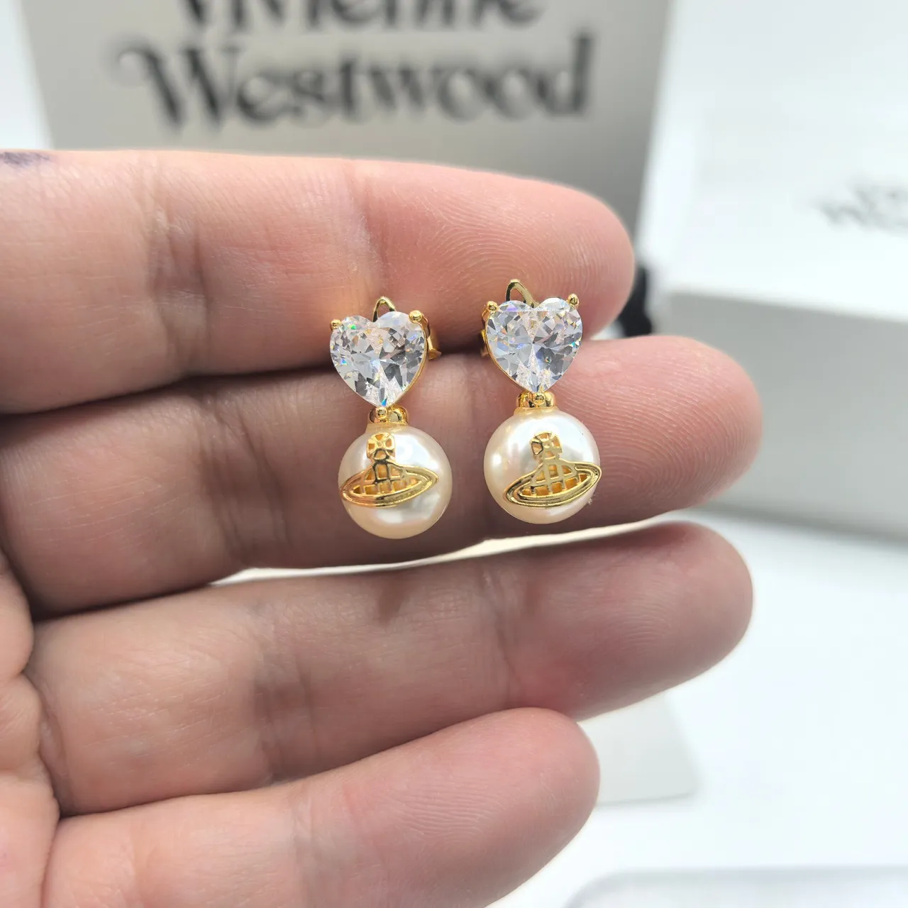 Vivienne Westwood Esfera Pérola Coração Vermelho Prata Cristal Tops Gota Pingentes Brincos 8