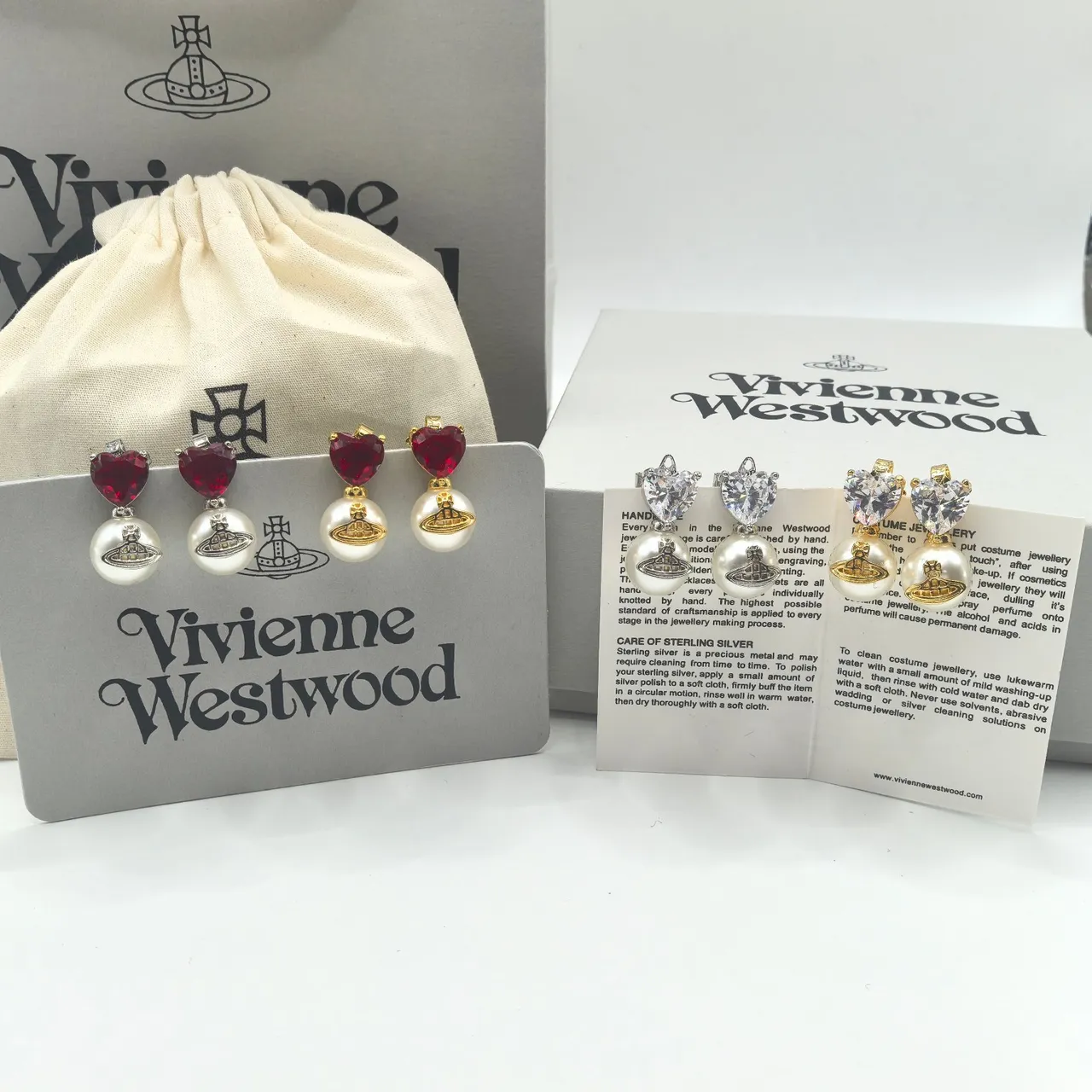Vivienne Westwood Esfera Pérola Coração Vermelho Prata Cristal Tops Gota Pingentes Brincos 9