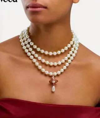 Vivienne Westwood Orb Pearl Necklace Beige Gold Triple-Strand Necklace 3