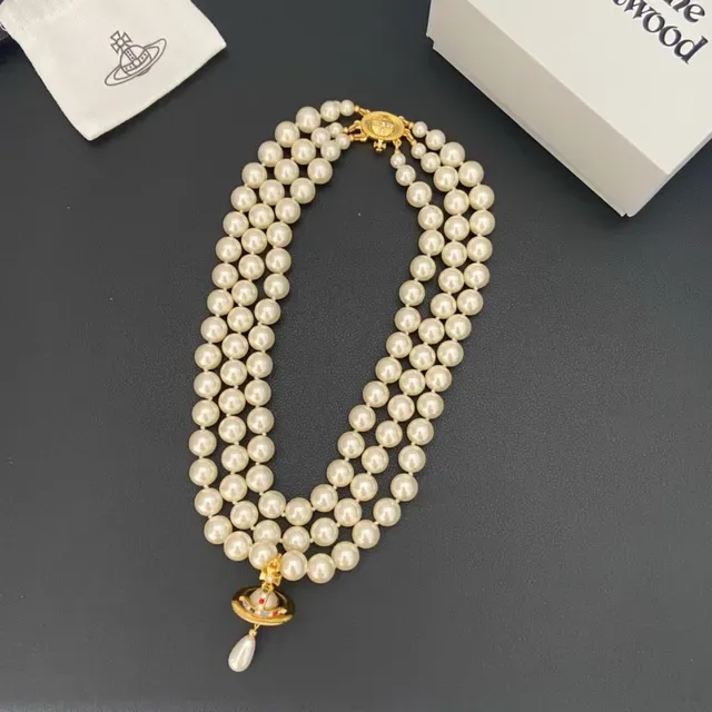 Vivienne Westwood Orb Pearl Necklace Beige Gold Triple-Strand Necklace 8