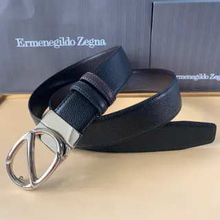 Zegna कालो बादामी पेब्ल्ड रिवर्सिबल लेदर बेल्ट