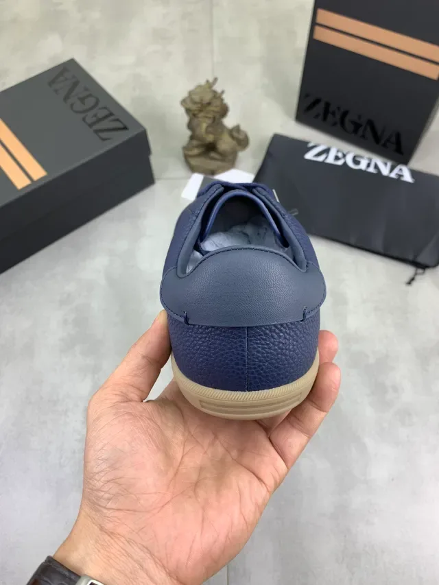 Zegna Blue Pebbled Leather Gum Sole Casual Shoes 3