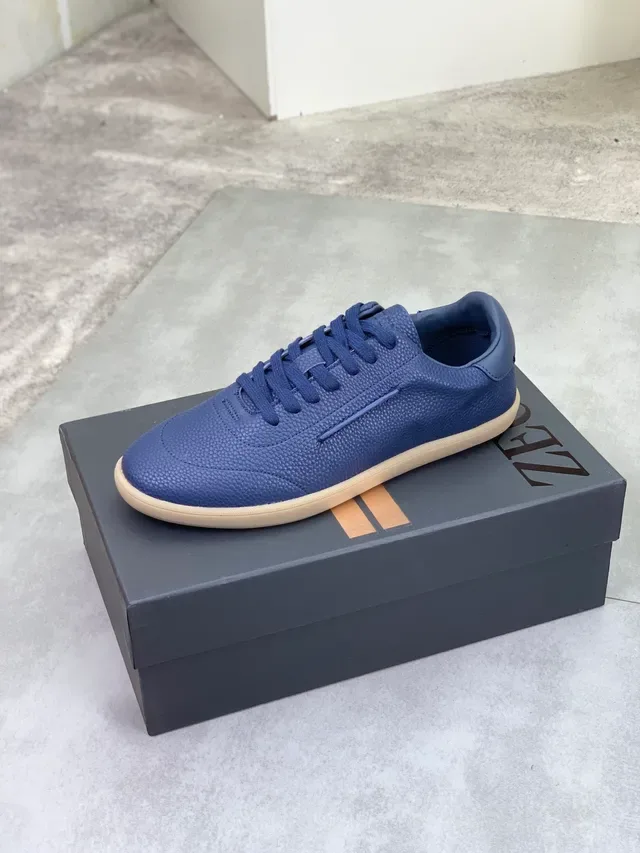 Zegna Blue Pebbled Leather Gum Sole Casual Shoes 4