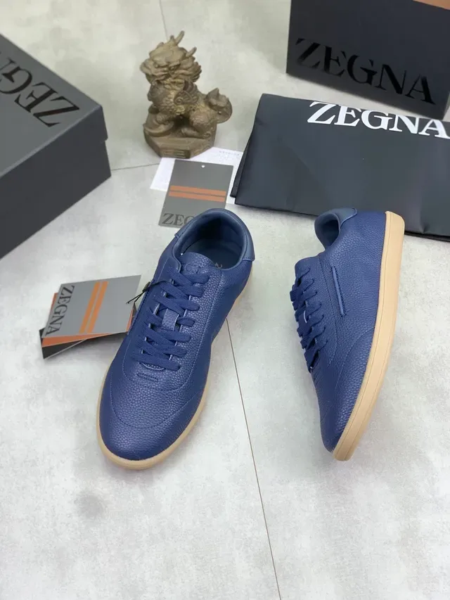 Zegna Blue Pebbled Leather Gum Sole Casual Shoes 5