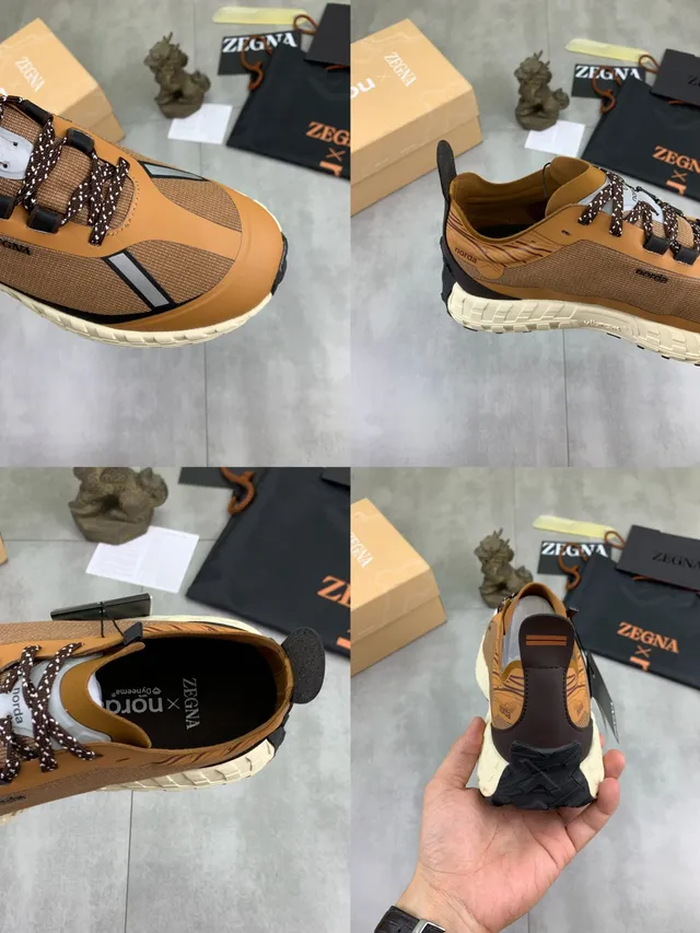 Zegna Marron Beige Dessus en matériau mixte Détail de bande réfléchissante Sneakers lifestyle 3