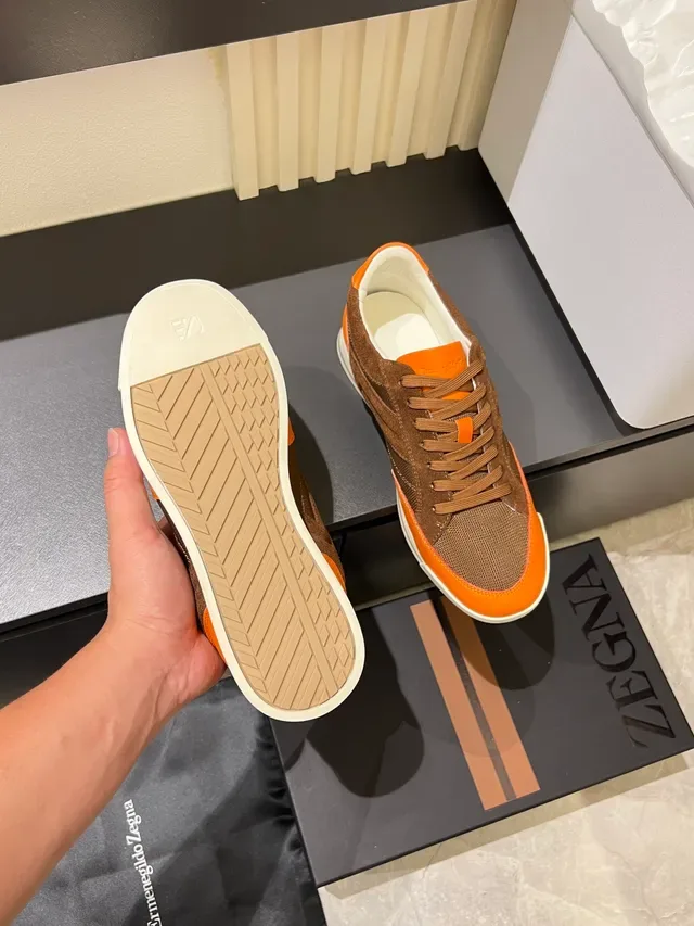 Zegna Brown Orange Mixed-Material Upper Suede And Mesh Paneling Sneakers 3