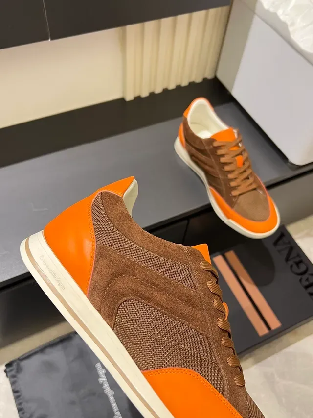 Zegna Brown Orange Mixed-Material Upper Suede And Mesh Paneling Sneakers 4
